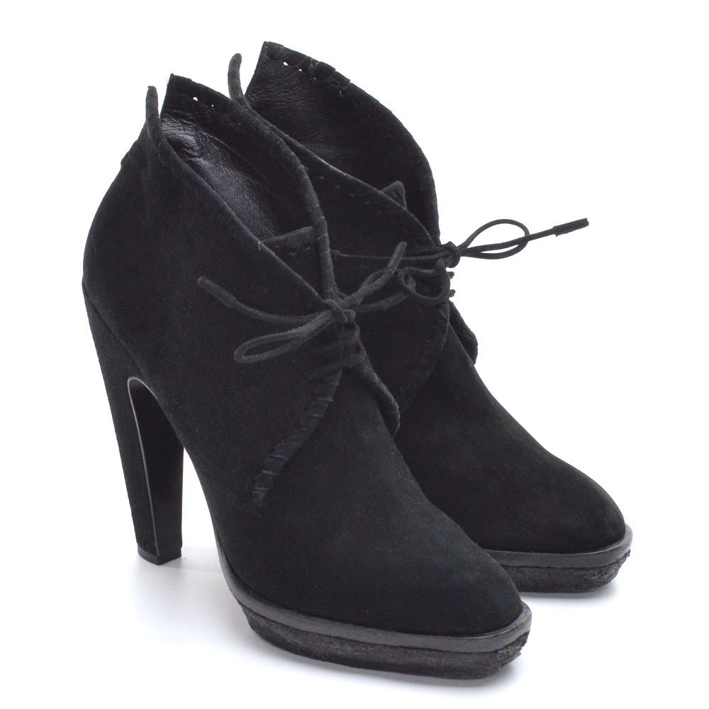 Alaia Black Suede Low Platform Lace Up Heeled Bootie 37